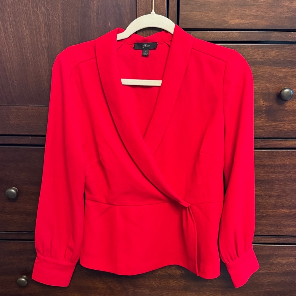 J.Crew Red Wrap Blouse Size 4 Long Sleeve Peplum Tie Waist Top Career Holiday